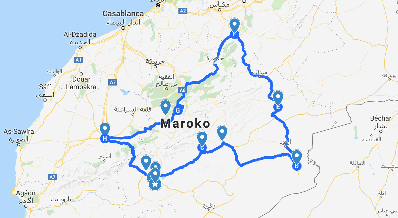 Mapa roadtripu po Maroku z Marákeše na Saharu