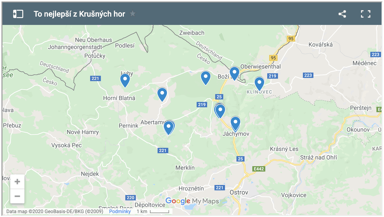 Mapa zajímavých míst v Krušných horách