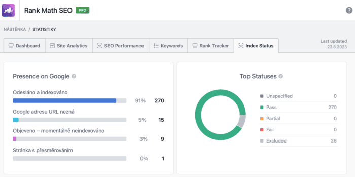 Rank Math: Podrobná recenze SEO pluginu 3 Rank Math Index Status