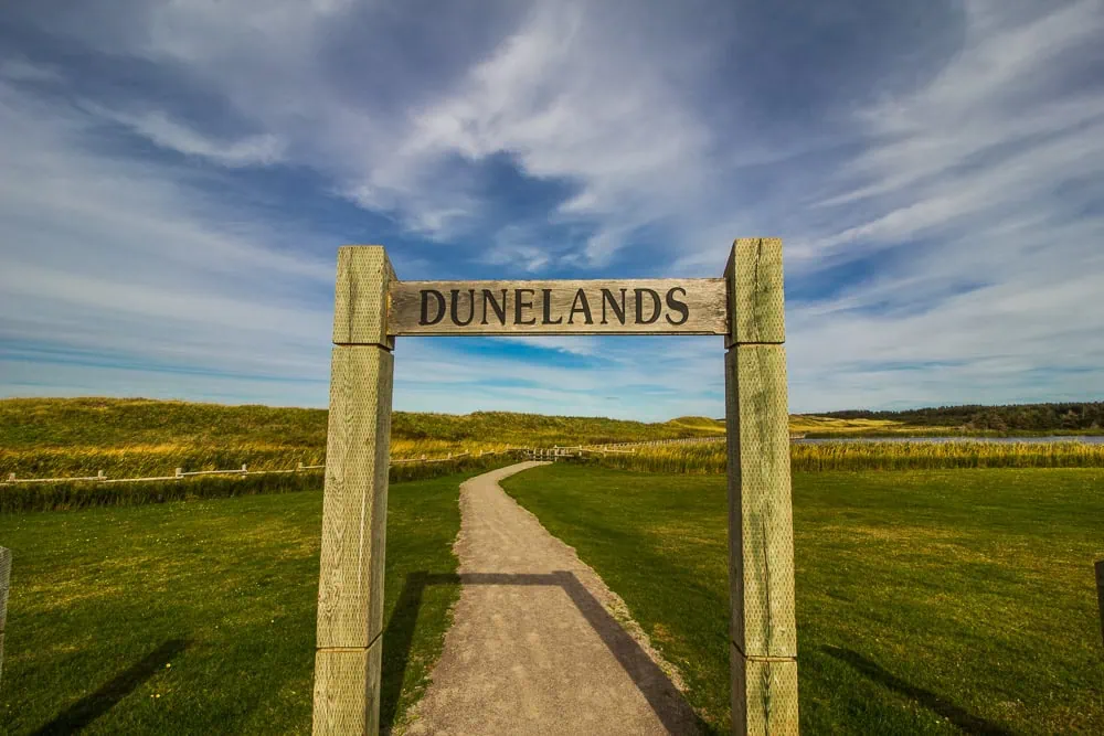 Dřevěná brána Dunelands a pěšina vedoucí přes travnaté duny v parku