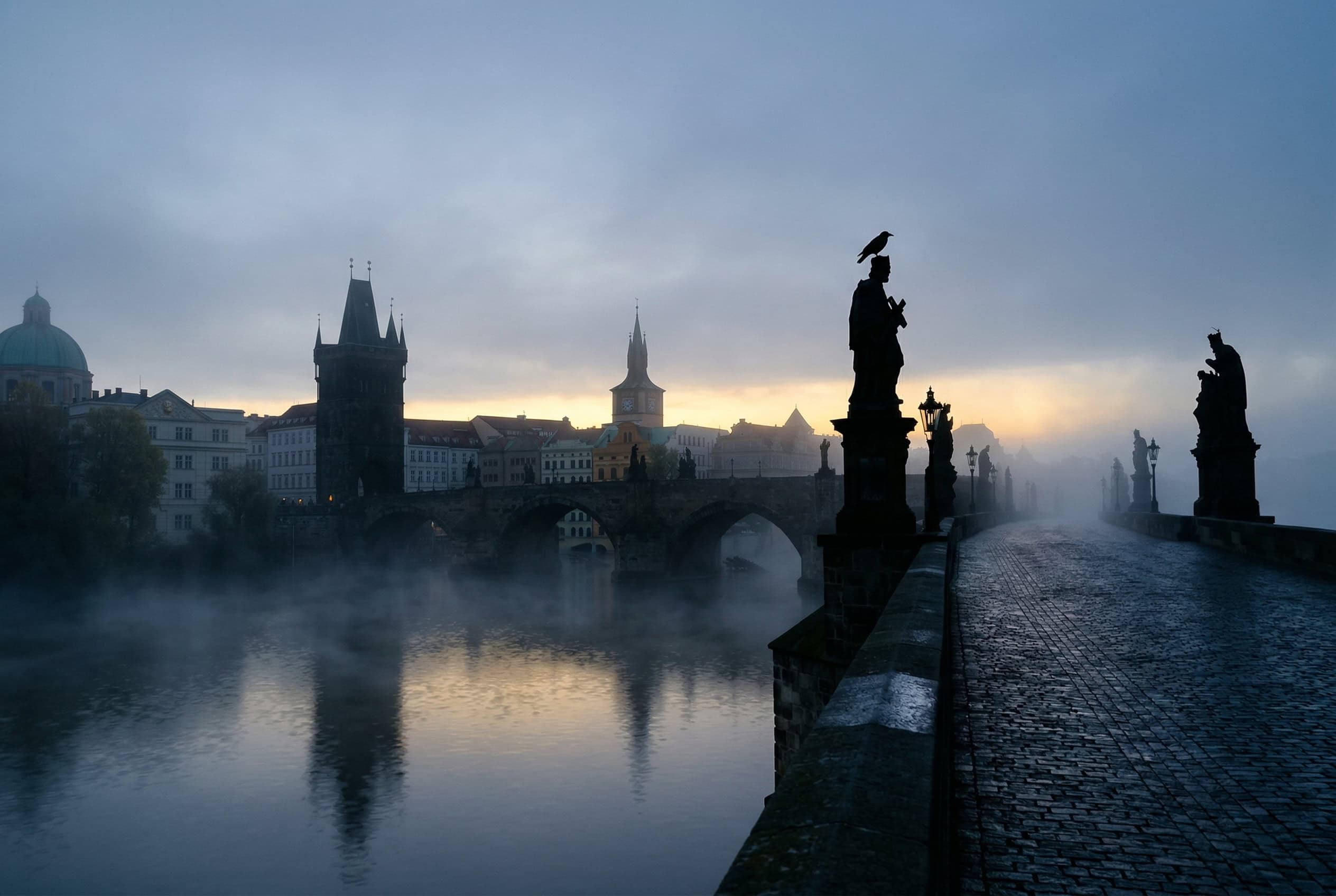 Karlův most za úsvitu v mlze