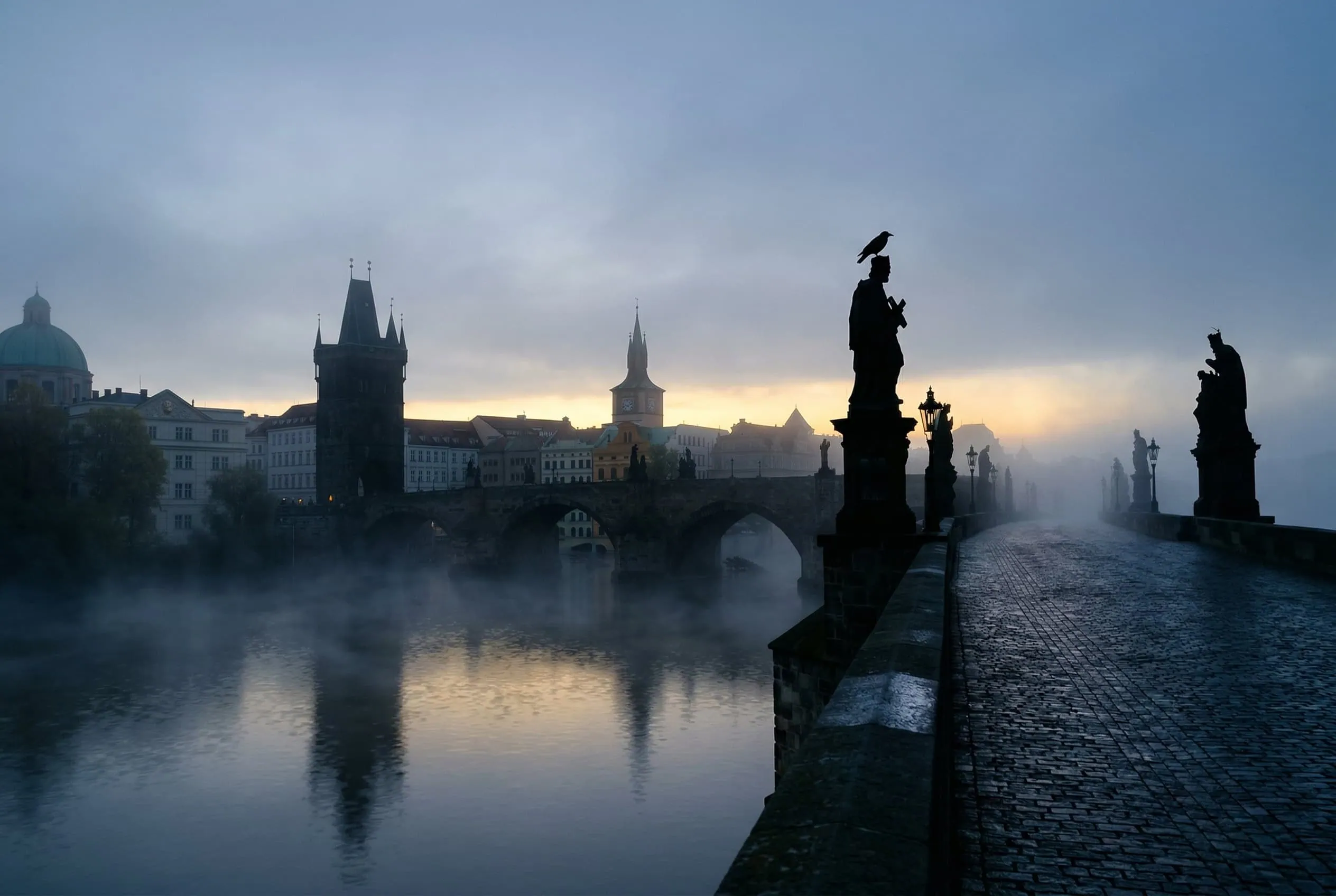 Karlův most za úsvitu v mlze