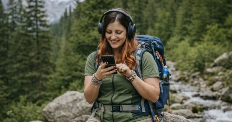 Turistka v horách poslouchající audioknihu