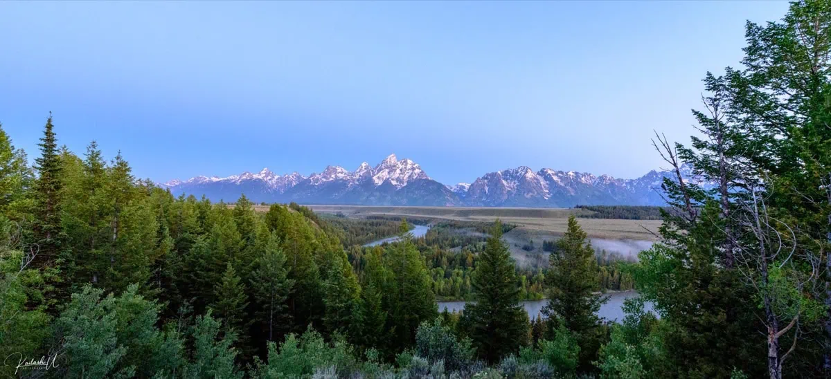 Vyhlidka Snake River Overlook na reku a masiv Tetonu