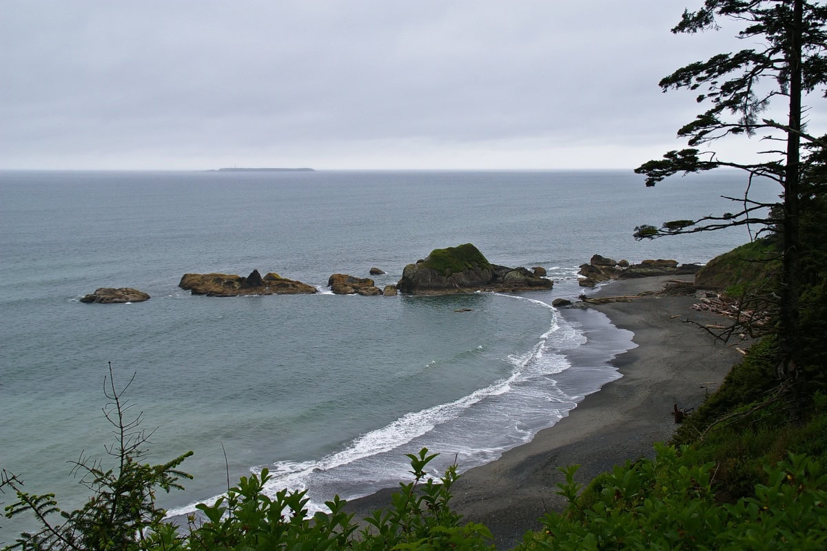 Olympic National Park, Washington SUA: 15 locuri de văzut și lucruri de făcut 5 Plaja salbatica Ruby Beach cu turnuri de stanca si lemne aduse de apa