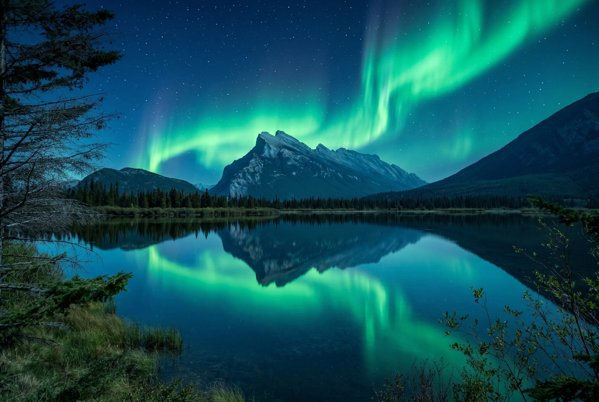 Polární záře v Albertě: Kde a kdy ji můžete vidět 4 Polárni záře nad Vermilion Lakes s odrazem Mount Rundle, národní park Banff
