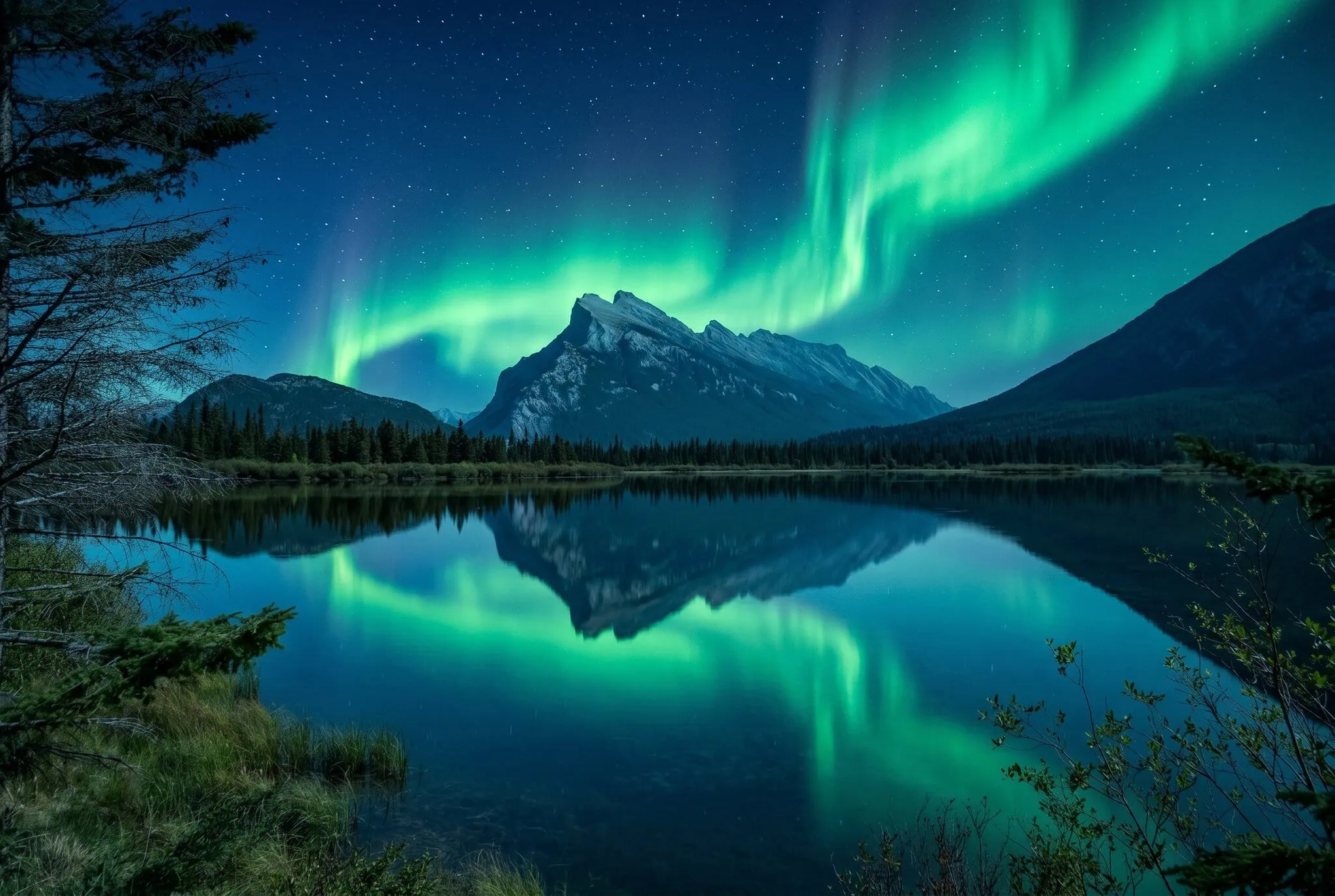 Polární záře v Albertě: Kde a kdy ji můžete vidět 4 Polárni záře nad Vermilion Lakes s odrazem Mount Rundle, národní park Banff