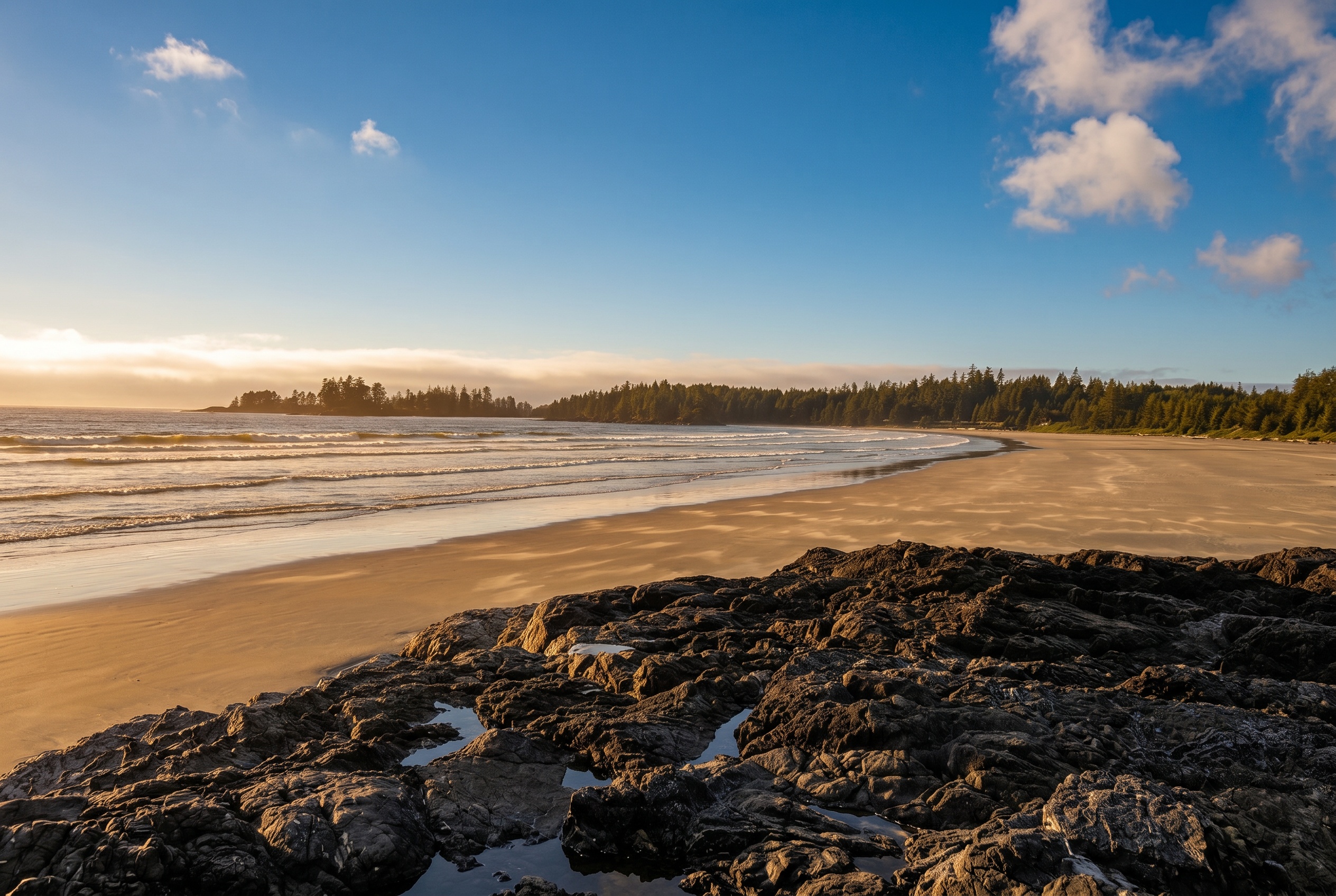 Long Beach v Pacific Rim National Park za zlate hodinky, mokry pisek a oceán
