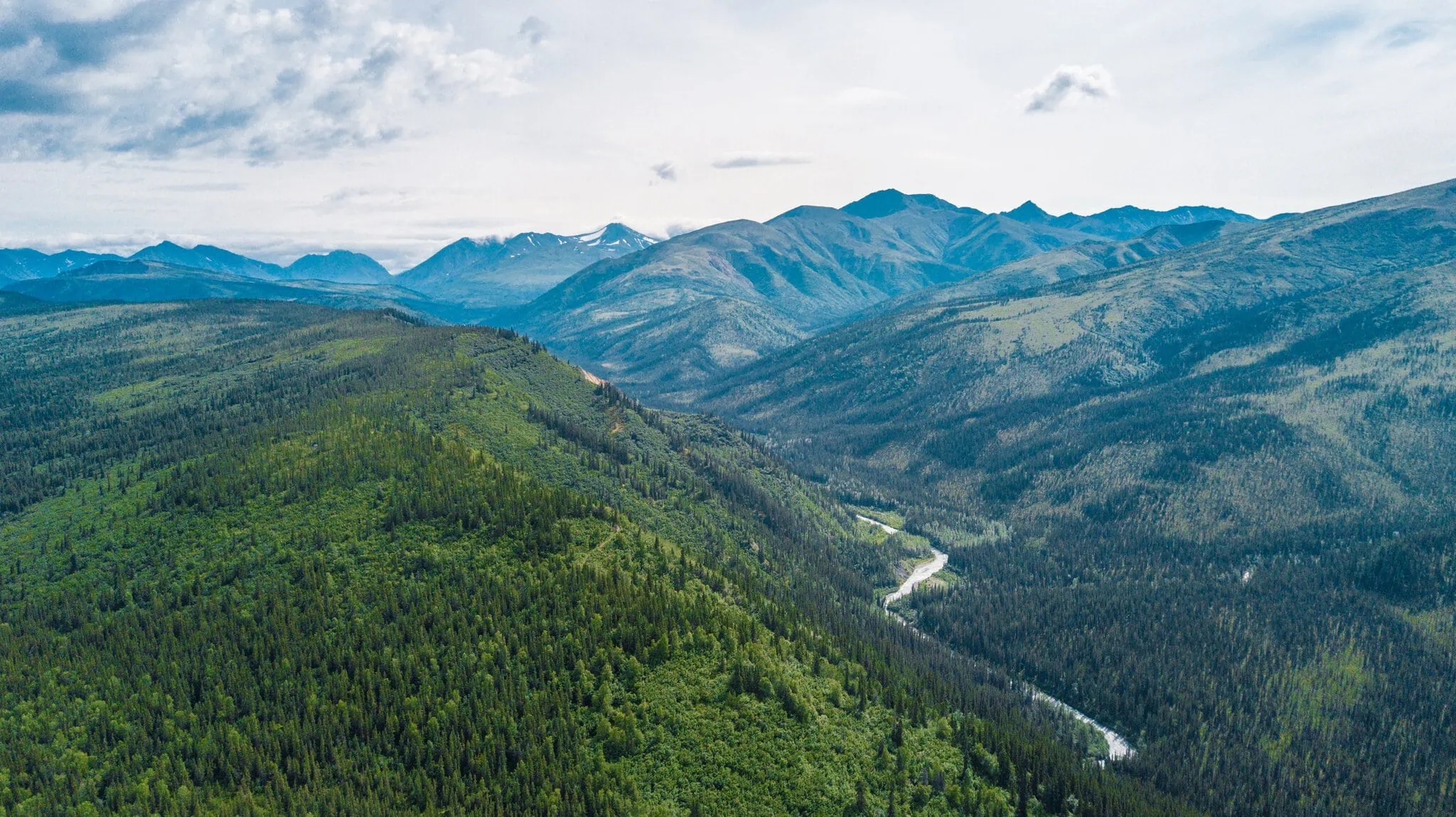 Río en un valle boscoso de Alaska durante el deshielo primaveral