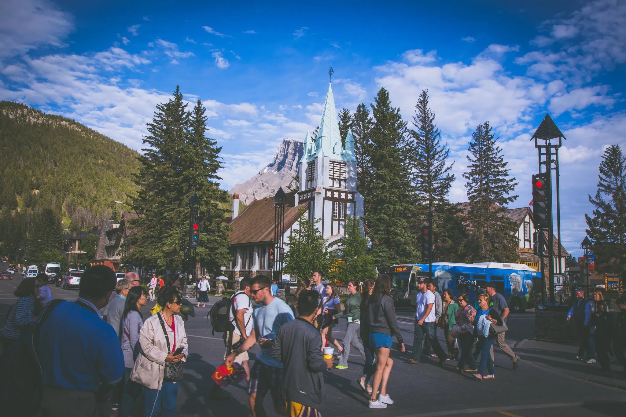 Banff Avenue with the silhouette of the church and Cascade Mountain in the background