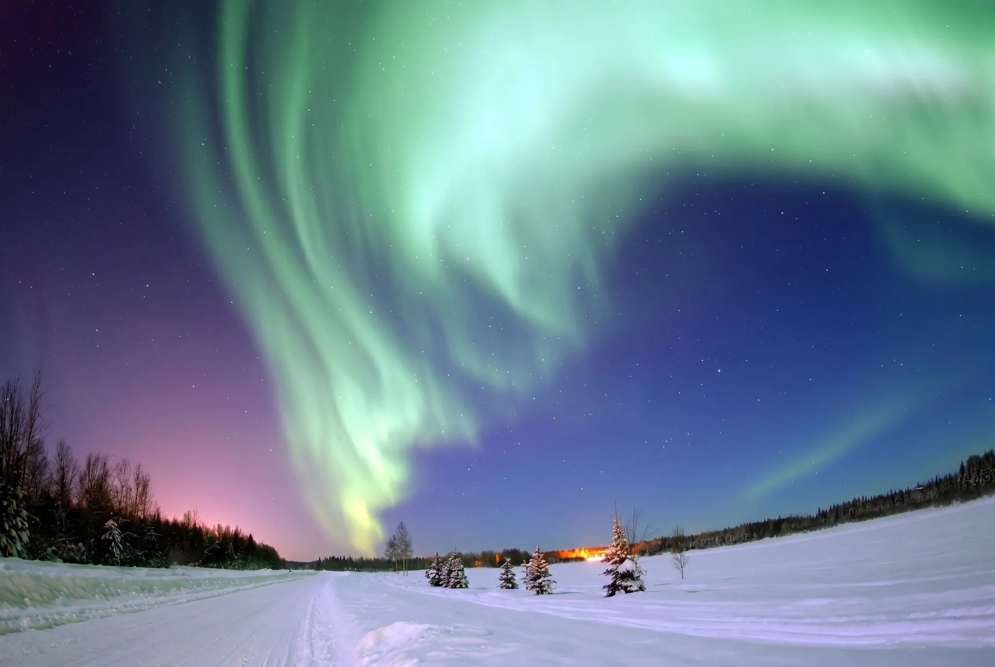 Aurora boreal sobre un camino nevado cerca de Fairbanks