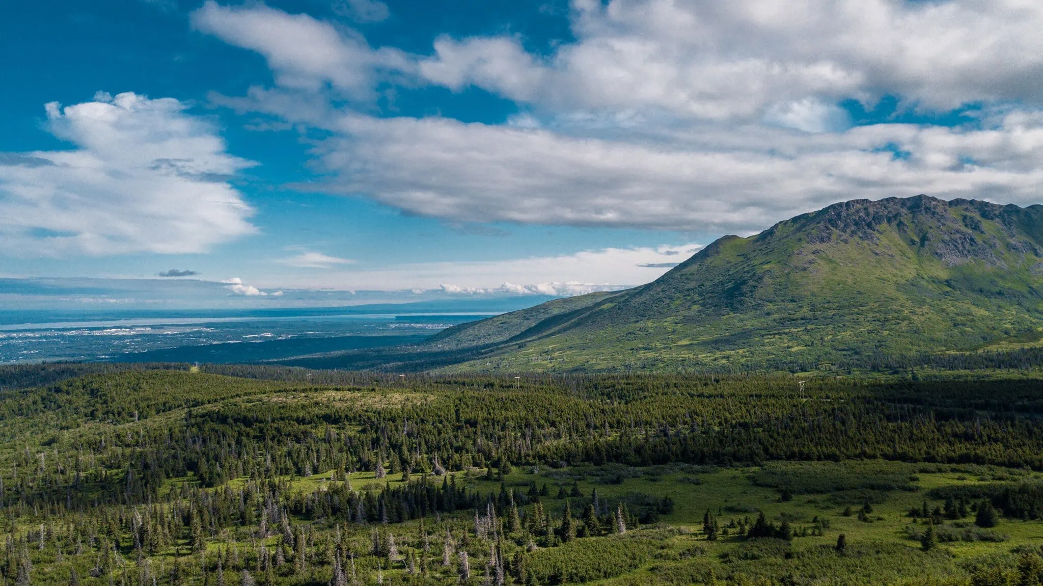 Montañas verdes de Alaska sobre un valle boscoso en julio