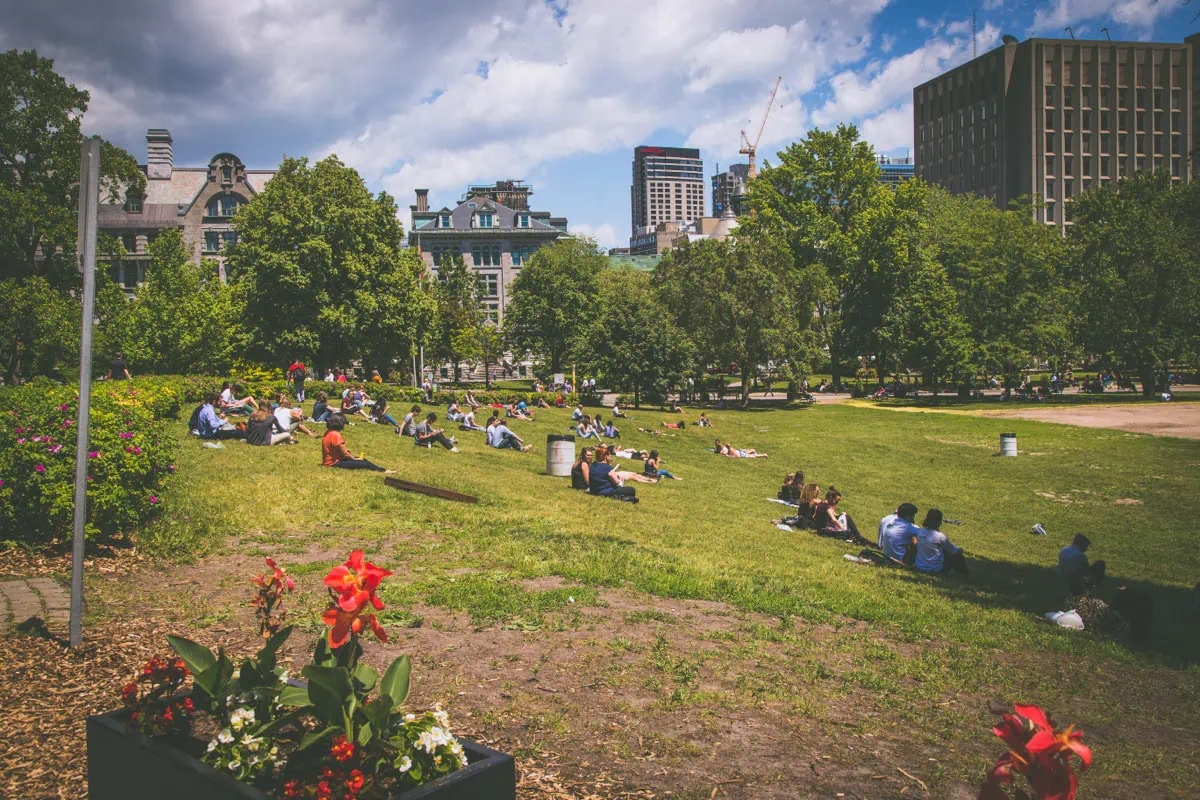 Lide odpocivaji na travniku parku na Mont Royal s panoramatem mesta