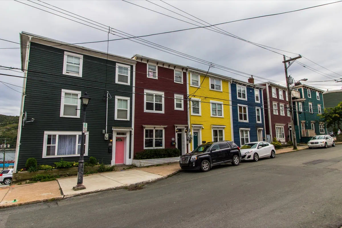 Case a schiera colorate di Jellybean Row a St. John's