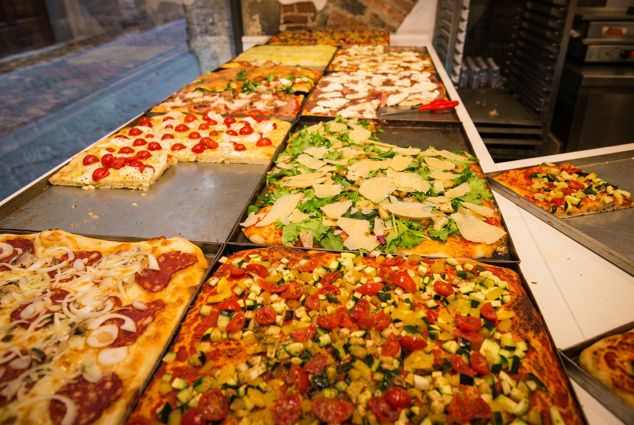 Pizza al taglio, římská pizza na váhu krájená z velkých plechů
