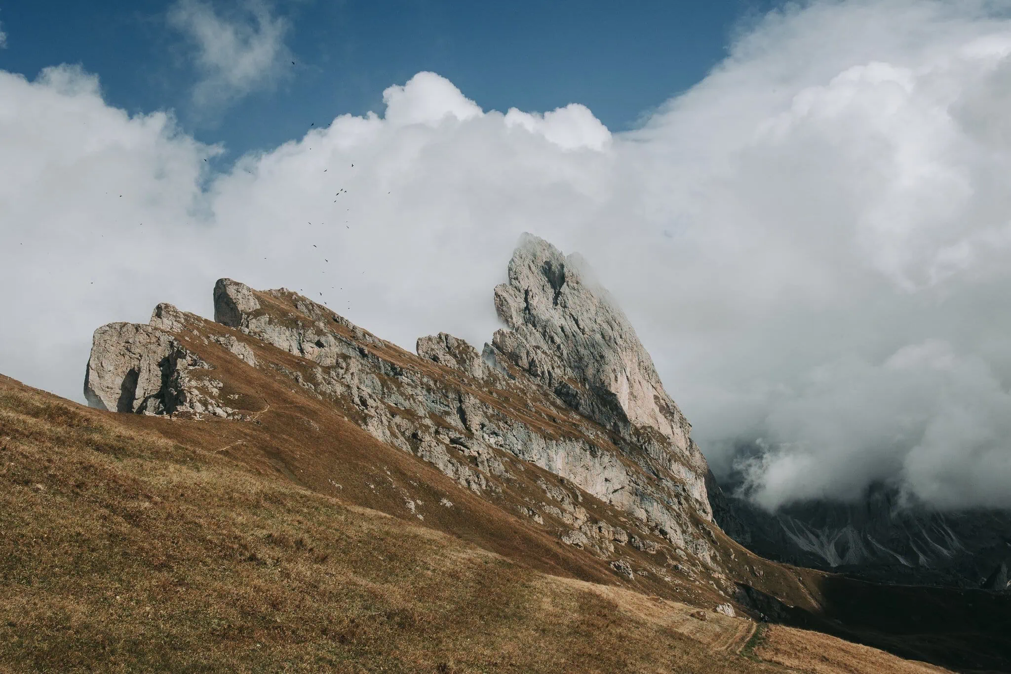 Seceda, Dolomity: 10 tipů, co vidět a dělat 9 Ikonický nakloněný profil hřebene Secedy se zubatými věžemi