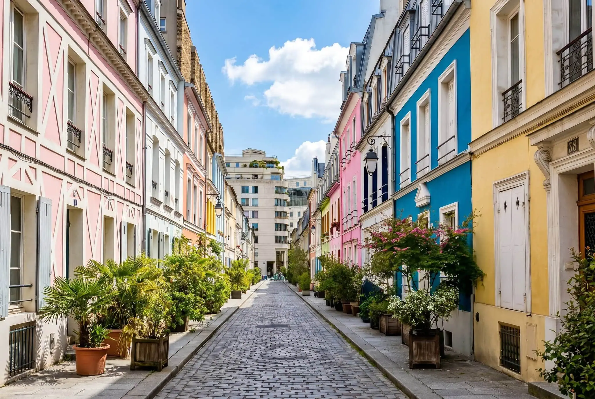 Pastelové fasády domov na dláždenej Rue Crémieux