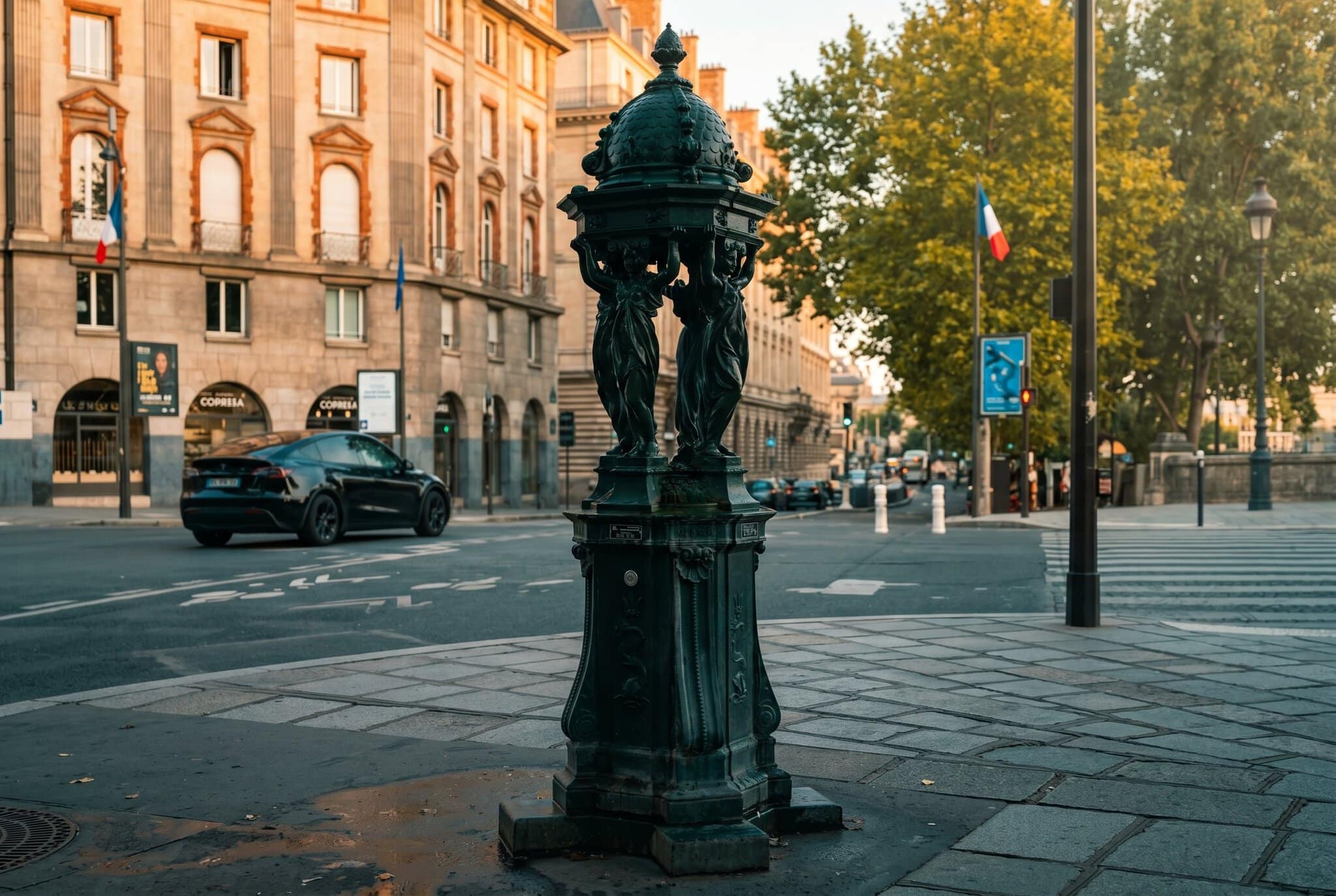 Hemliga Paris: 30 dolda pärlor dit turistmassan aldrig hittar 39 Mörkgrön gjutjärnsfontän av Wallace-typ på en parisisk trottoar