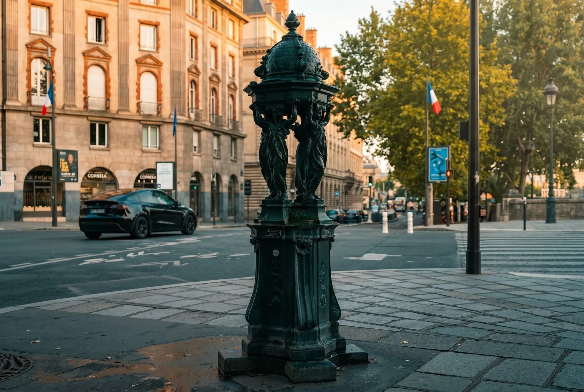 Tmavozelená liatinová Wallaceova fontána na parížskom chodníku