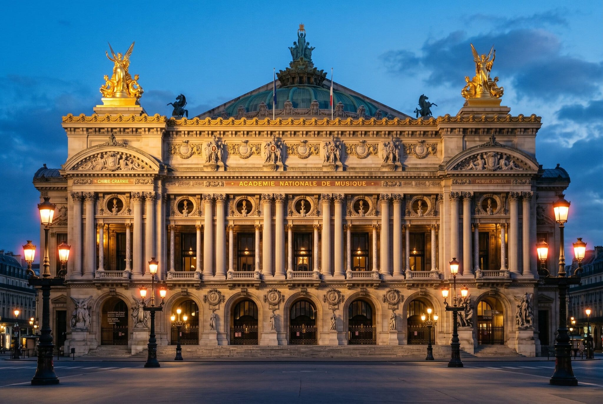 Parisul seara: jazz, speakeasy, rooftopuri și operă (ghid complet al vieții de noapte) 8 Opéra Garnier luminată cu statui aurii în ora albastră