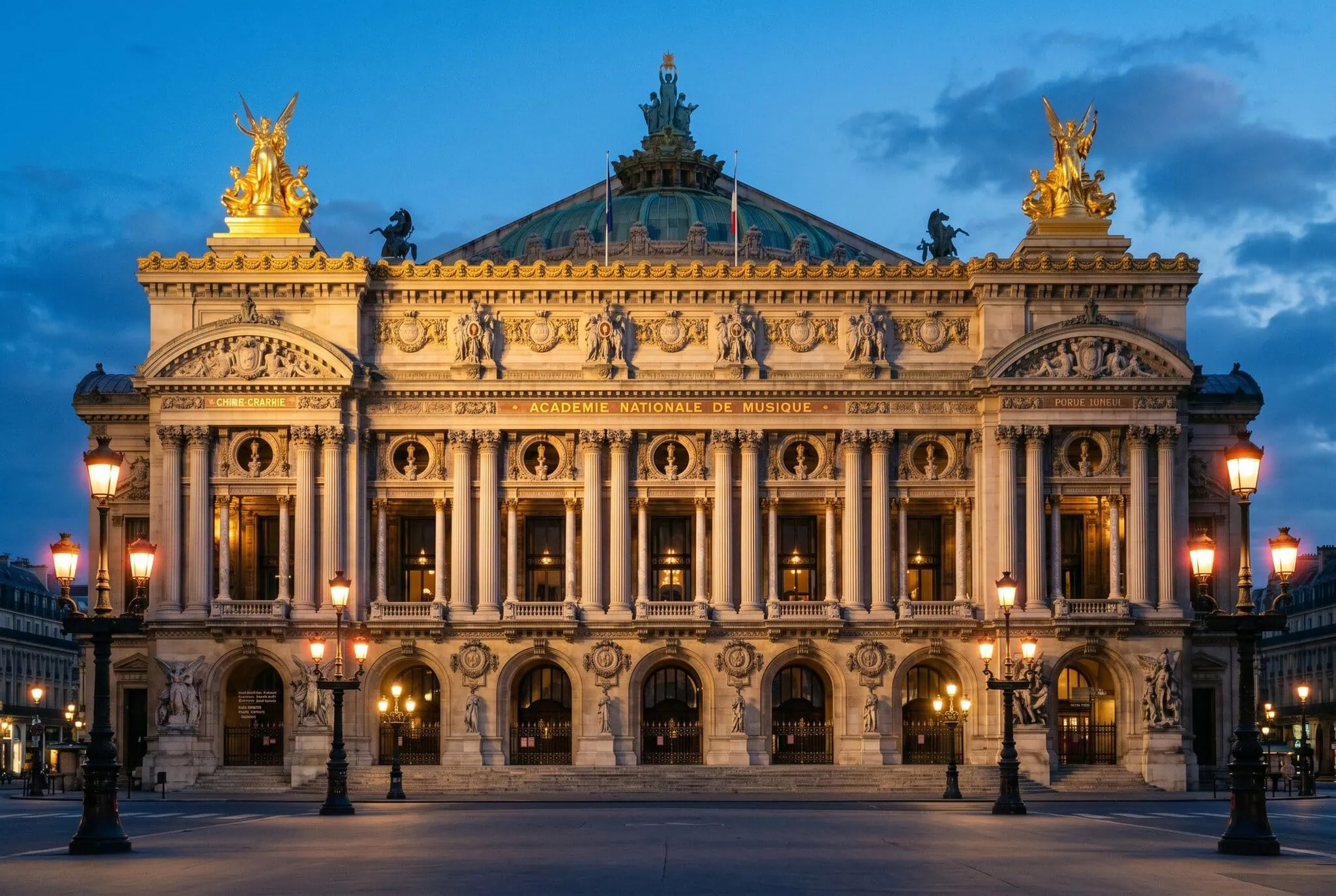 Opéra Garnier illuminata con statue dorate nell'ora blu