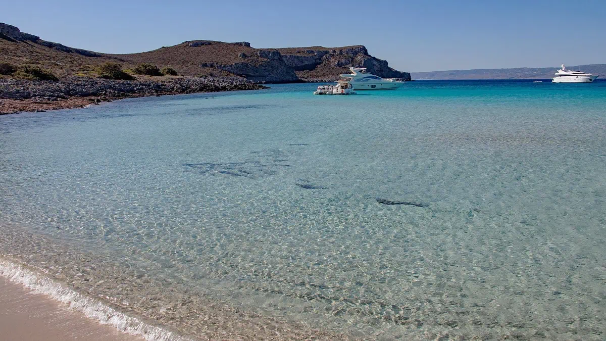 Simos beach on Elafonisos island with white sand, dunes, and crystal-clear turquoise sea