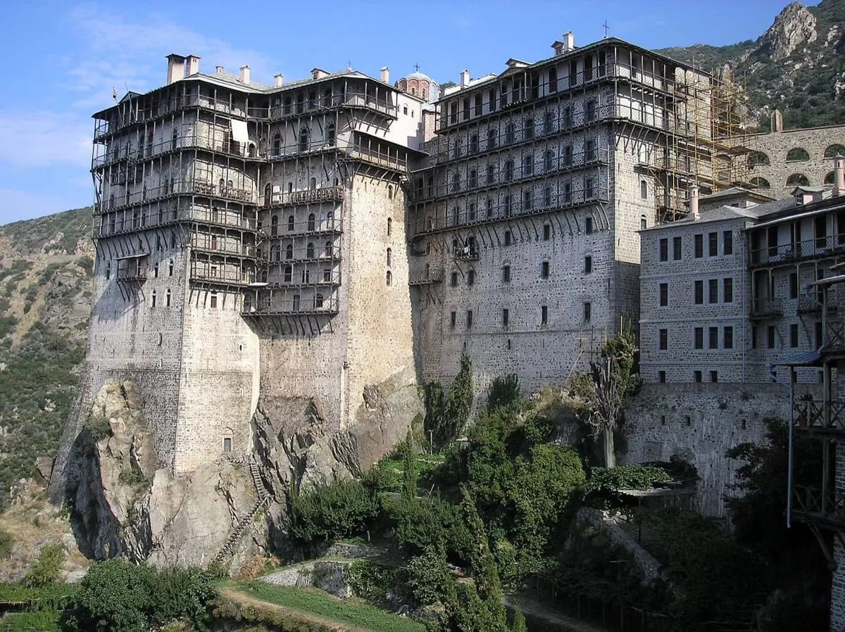 Simonopetra Monastery perched on a steep rocky cliff above the sea on Mount Athos