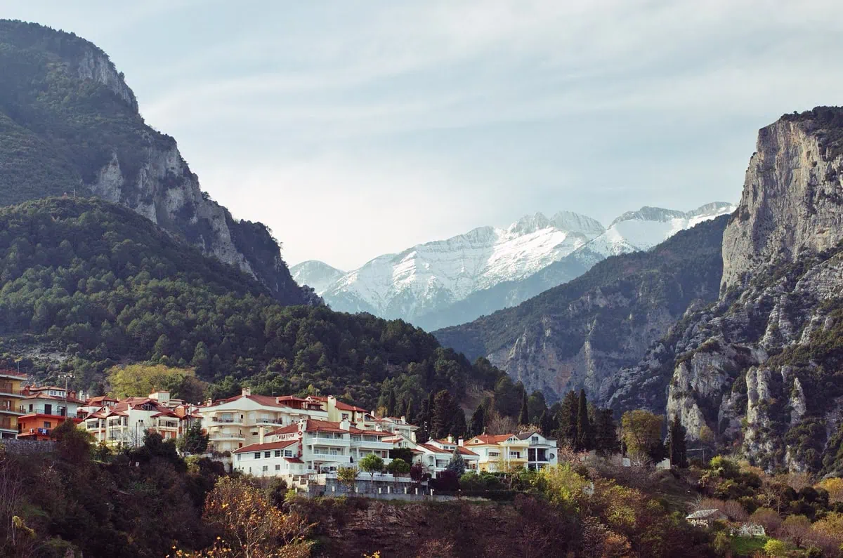 Mount Olympus with snow-capped peaks seen from the town of Litochoro
