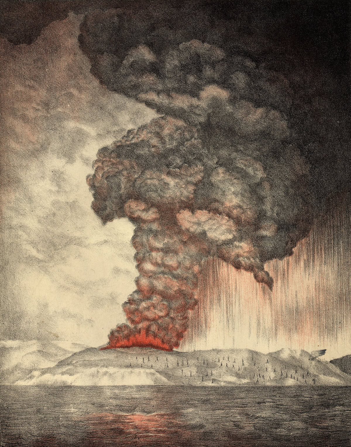 Cei mai celebri vulcani din lume: 16 munți de foc pe care ar trebui să-i vezi 12 Litografie de epocă a erupției Krakatoa din 1883