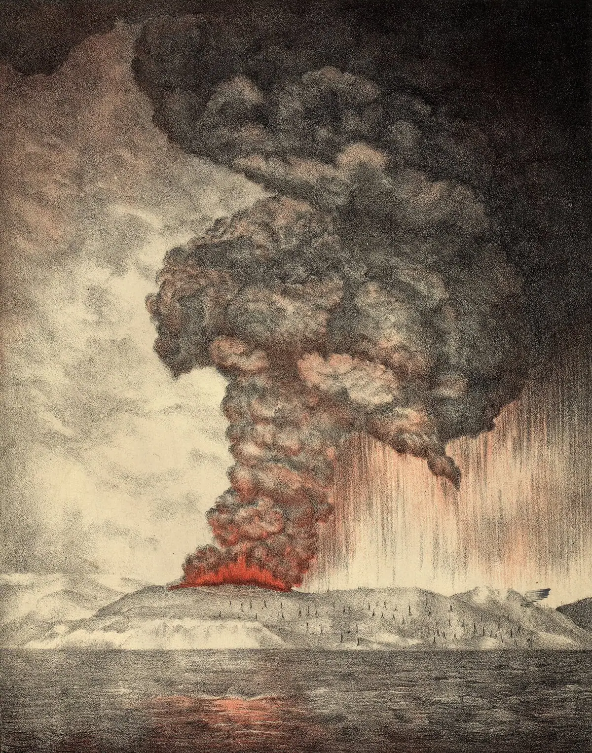 Nejznámější sopky světa: 16 ohnivých hor, které byste měli vidět 12 Dobová litografie erupce Krakatoy z roku 1883