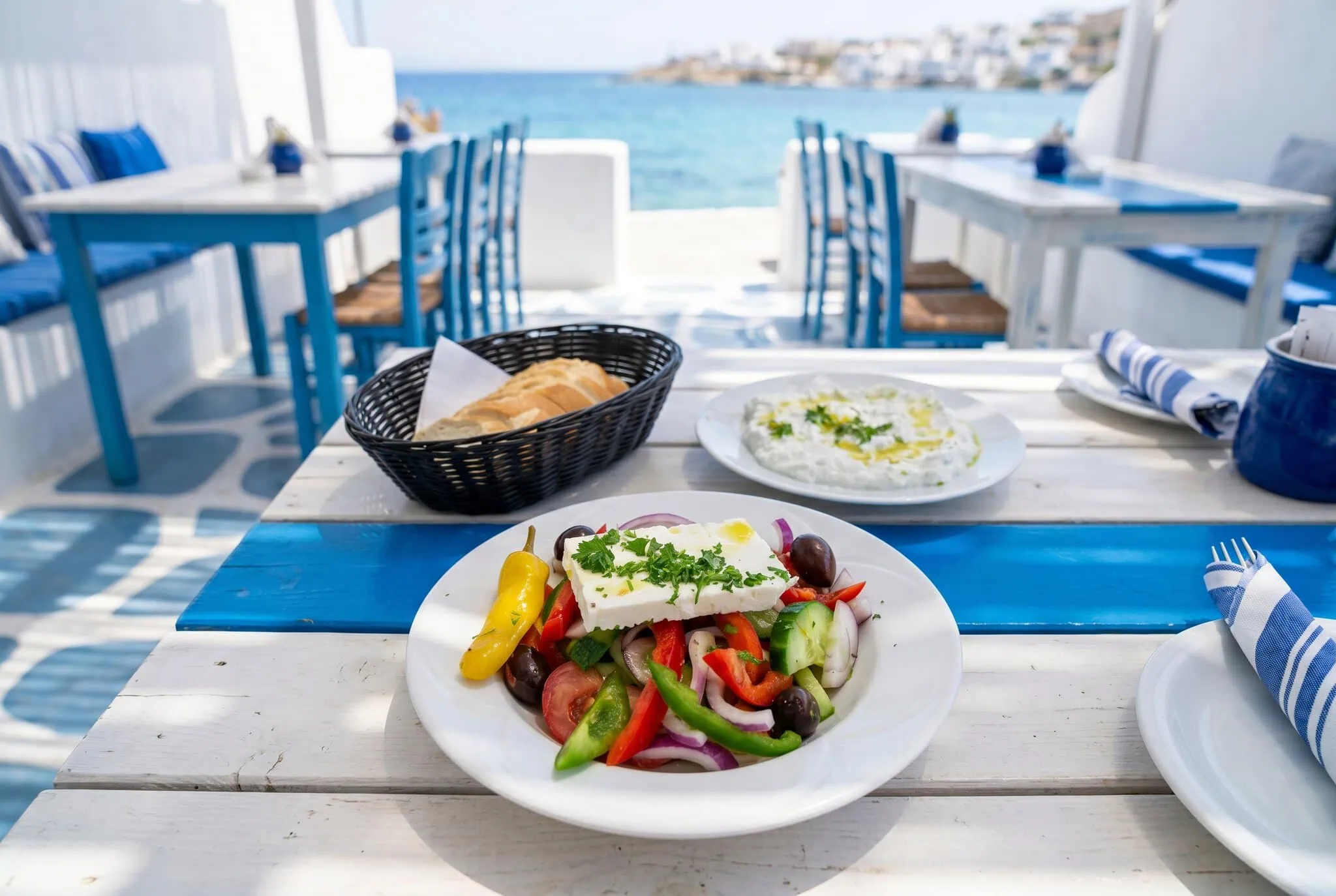 Greek salad with tzatziki at a taverna in Kos