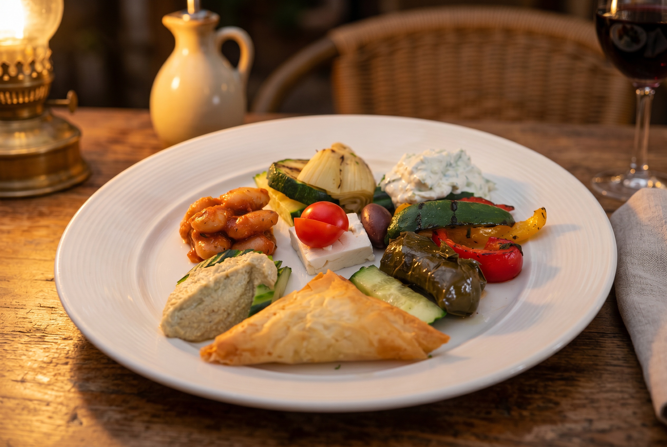 Talíř řeckých vegetariánských předkrmů v taverně