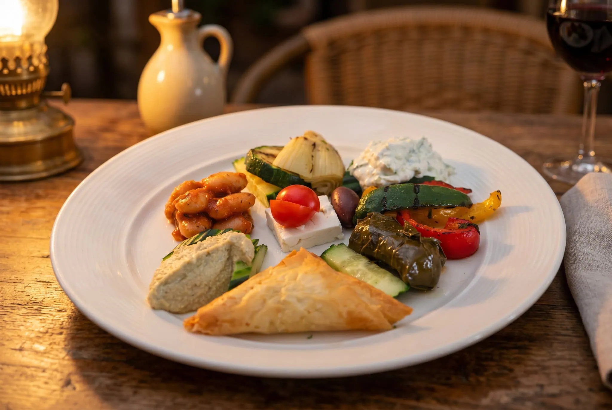 Tanier gréckych vegetariánskych predjedál v taverně