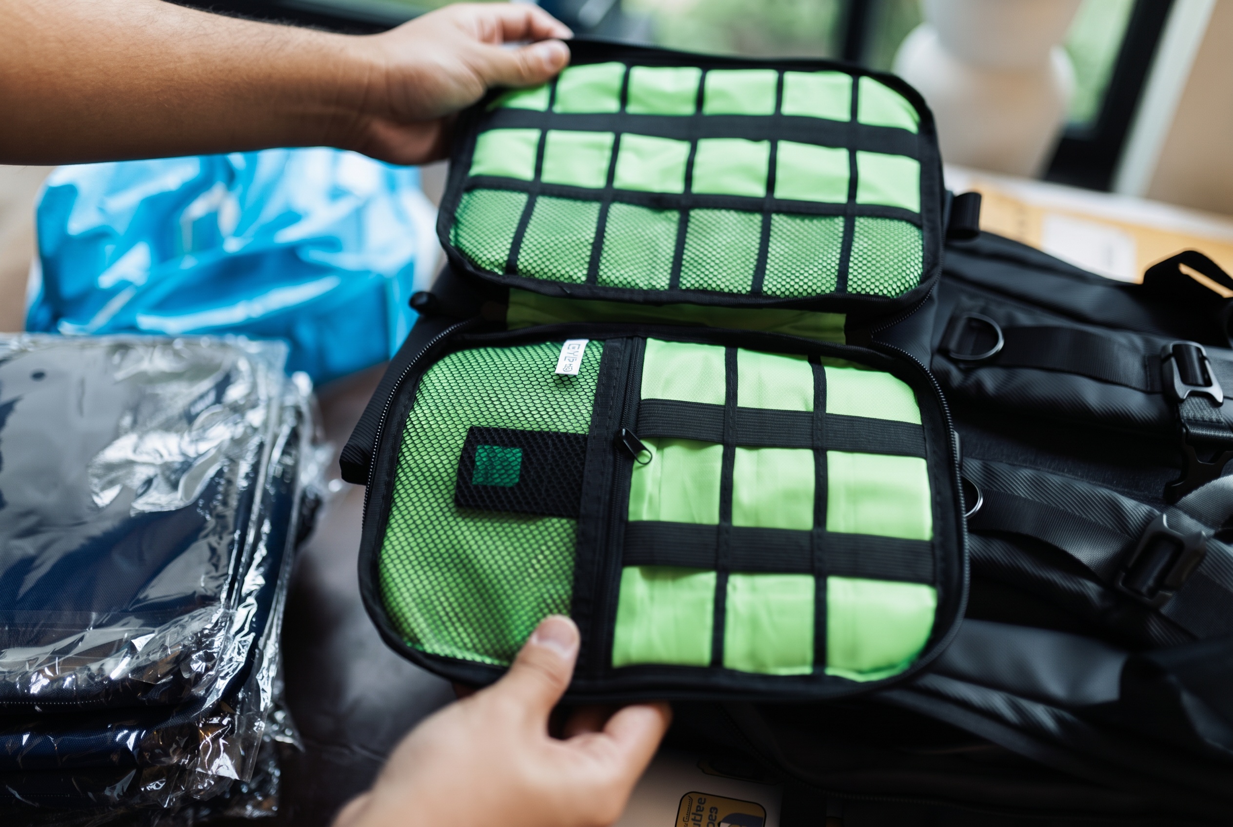 Skutečné packing cubes se síťovaným vrškem připravené k balení
