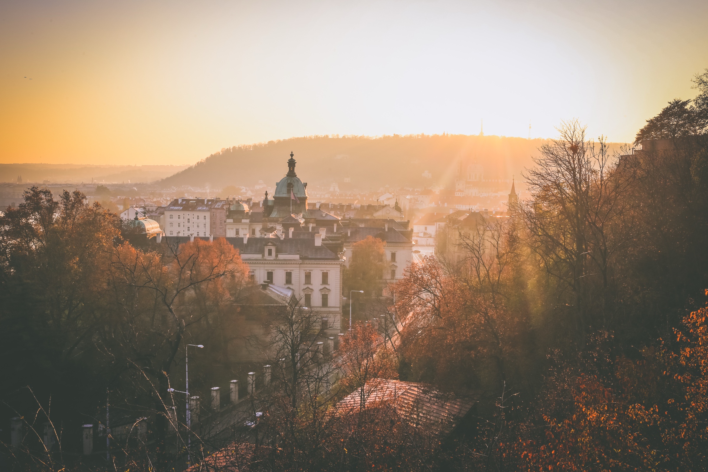 Petřín: Kompletní průvodce (rozhledna, bludiště, lanovka, růžový sad) 1 Petřín s rozhlednou nad Malou Stranou při západu slunce
