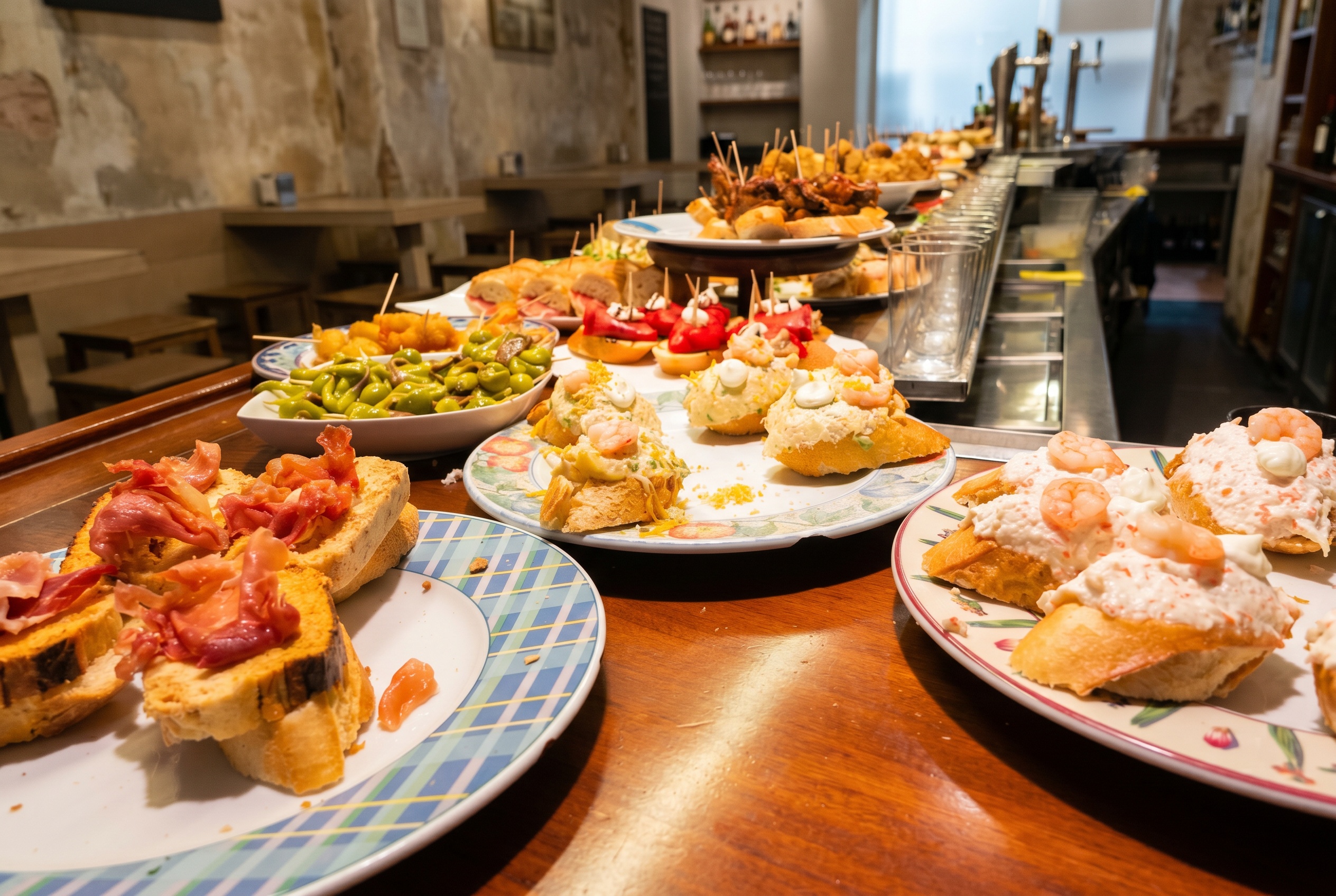 Pult s pintxos v baru v San Sebastiánu