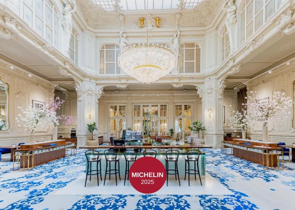 Grand entrance hall with crystal chandelier at Grandhotel Pupp in Karlovy Vary