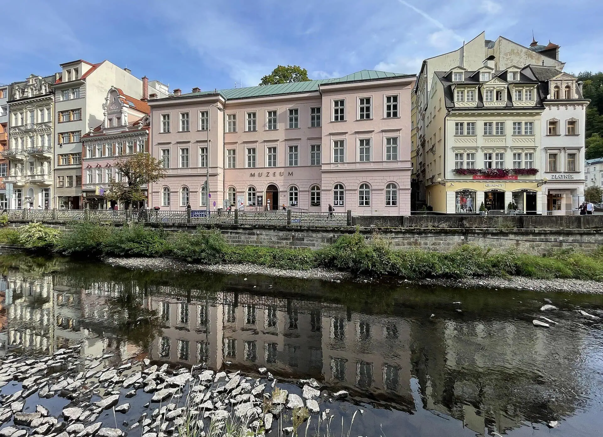 Colourful spa buildings above the Teplá river in the centre of Karlovy Vary