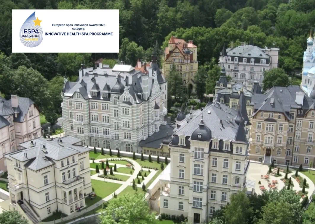 Aerial view of the five Art Nouveau villas of the Savoy Westend Hotel in Karlovy Vary