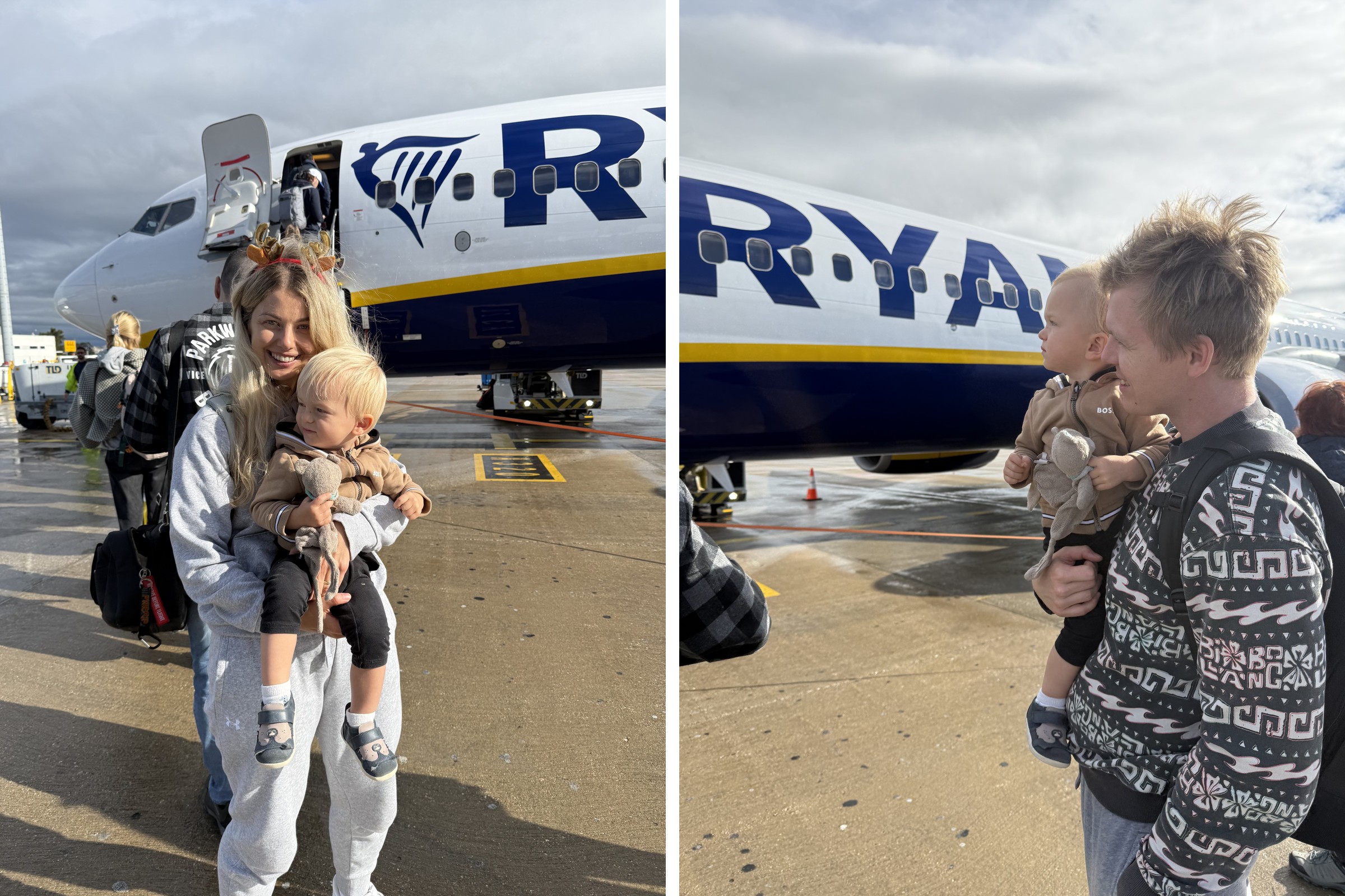 Lucie a Lukáš s Jonáškem před letadlem Ryanair při prvním letu