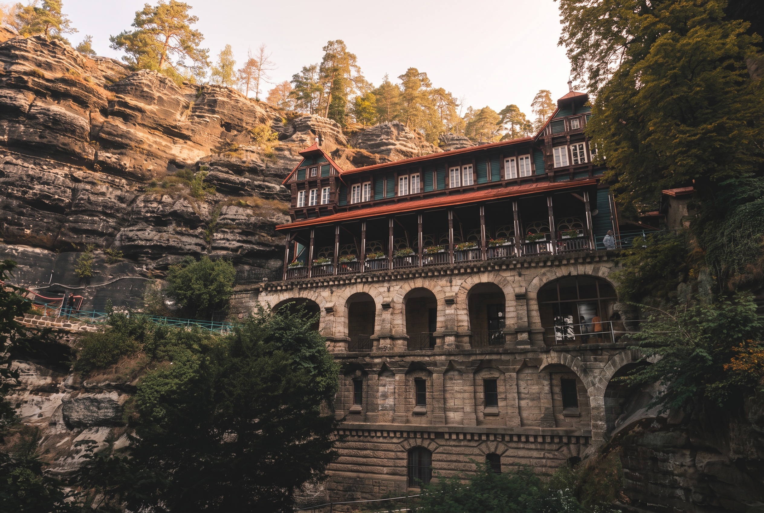 Qué ver en Bohemia del Norte: 15 ideas de rocas a lagos 2026 2 El palacete Nido del Halcón adosado a las rocas junto a la Puerta de Pravčice