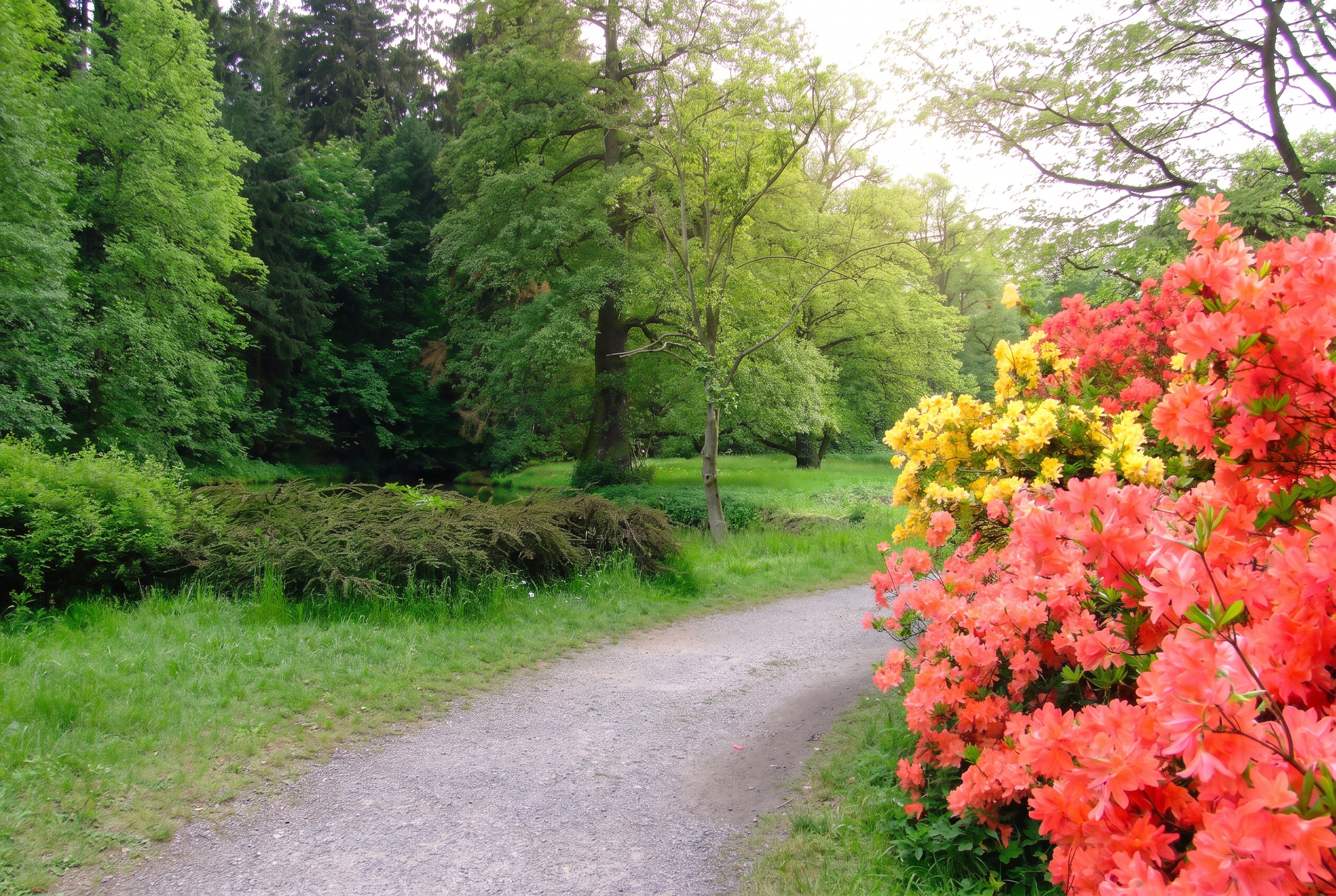 Vacaciones en Bohemia Central: 15 planes cerca de Praga en 2026 21 Camino pavimentado por el Parque de Průhonice entre rododendros en flor (foto editada de Wikimedia Commons, CC BY-SA 3.0)