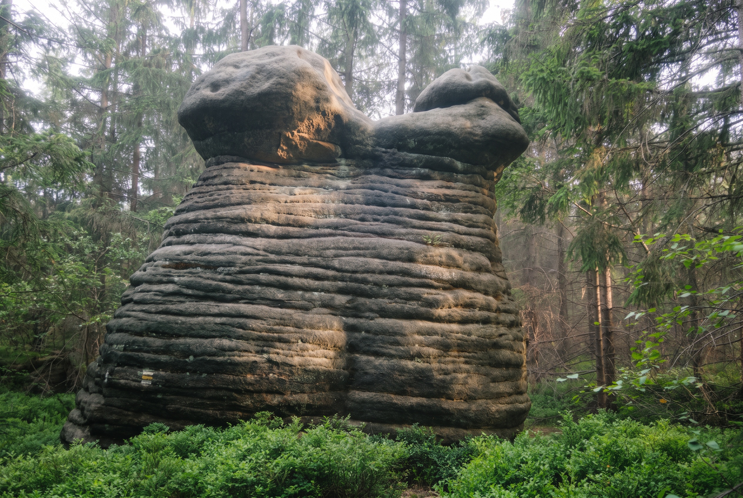 Skalní útvar v Broumovských stěnách v ranní mlze (foto upraveno z Wikimedia Commons, CC BY-SA)