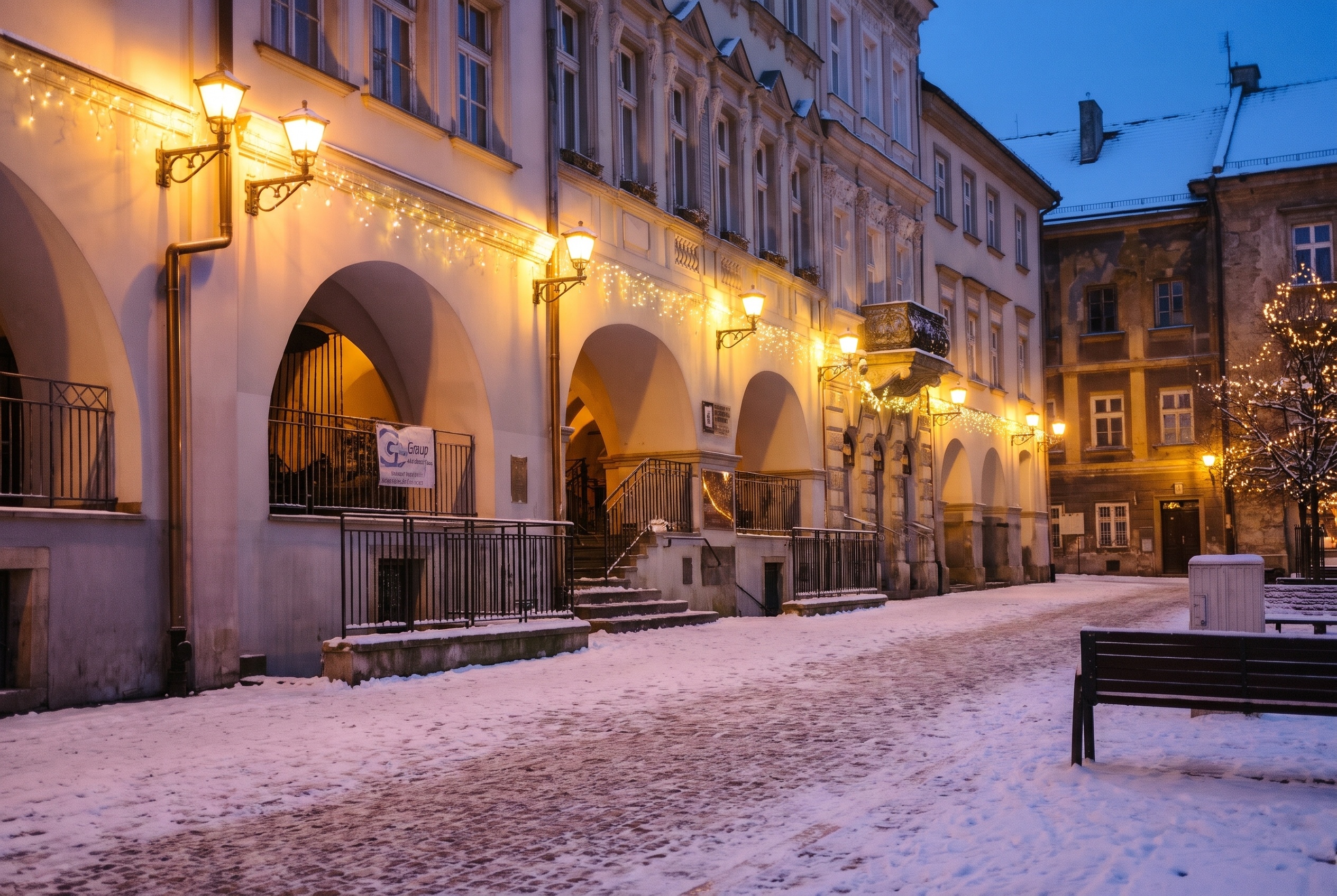 Mercados navideños de Bielsko-Biała 2026: fechas y programa 7 Casas burguesas en la Rynek de Bielsko por la noche