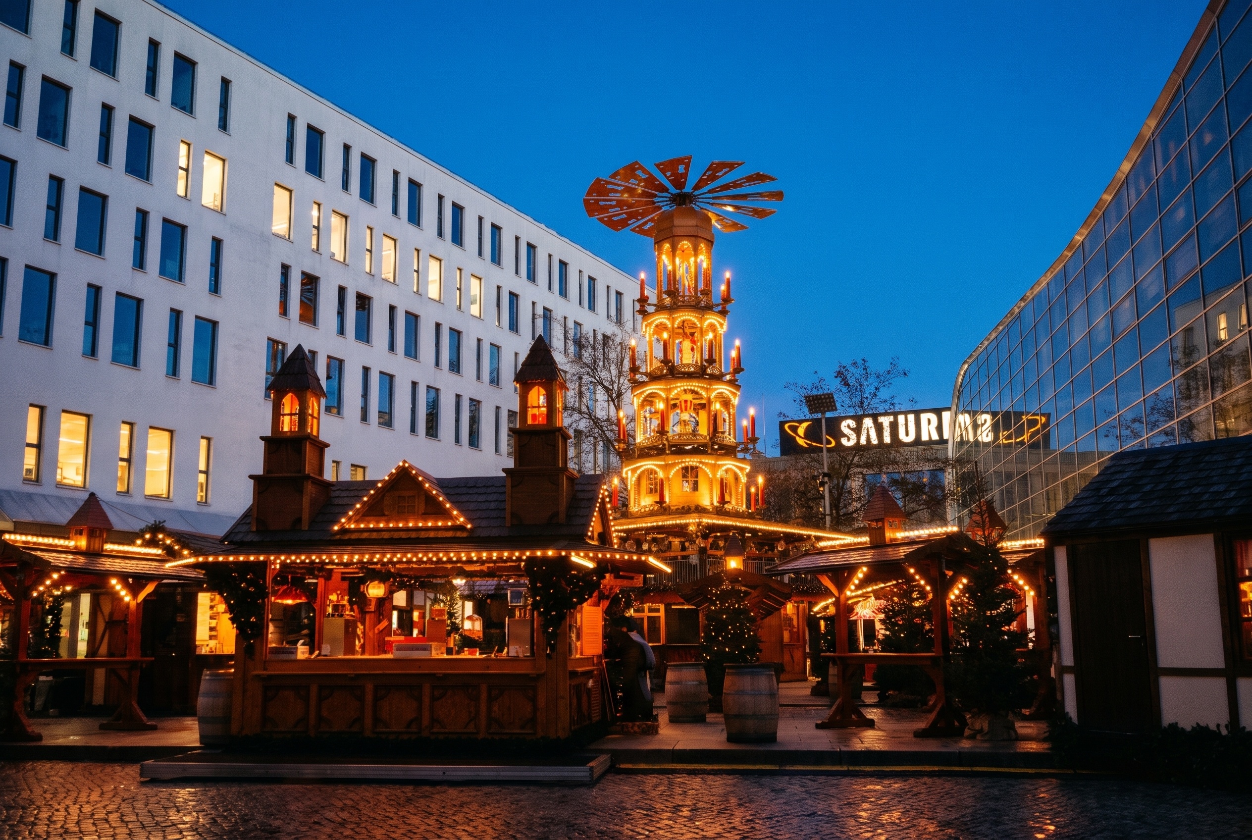 Chemnitz Christmas Market 2026: Pyramid & Bergparade 12 Stalls and pyramid at the Chemnitz Christmas market in the evening