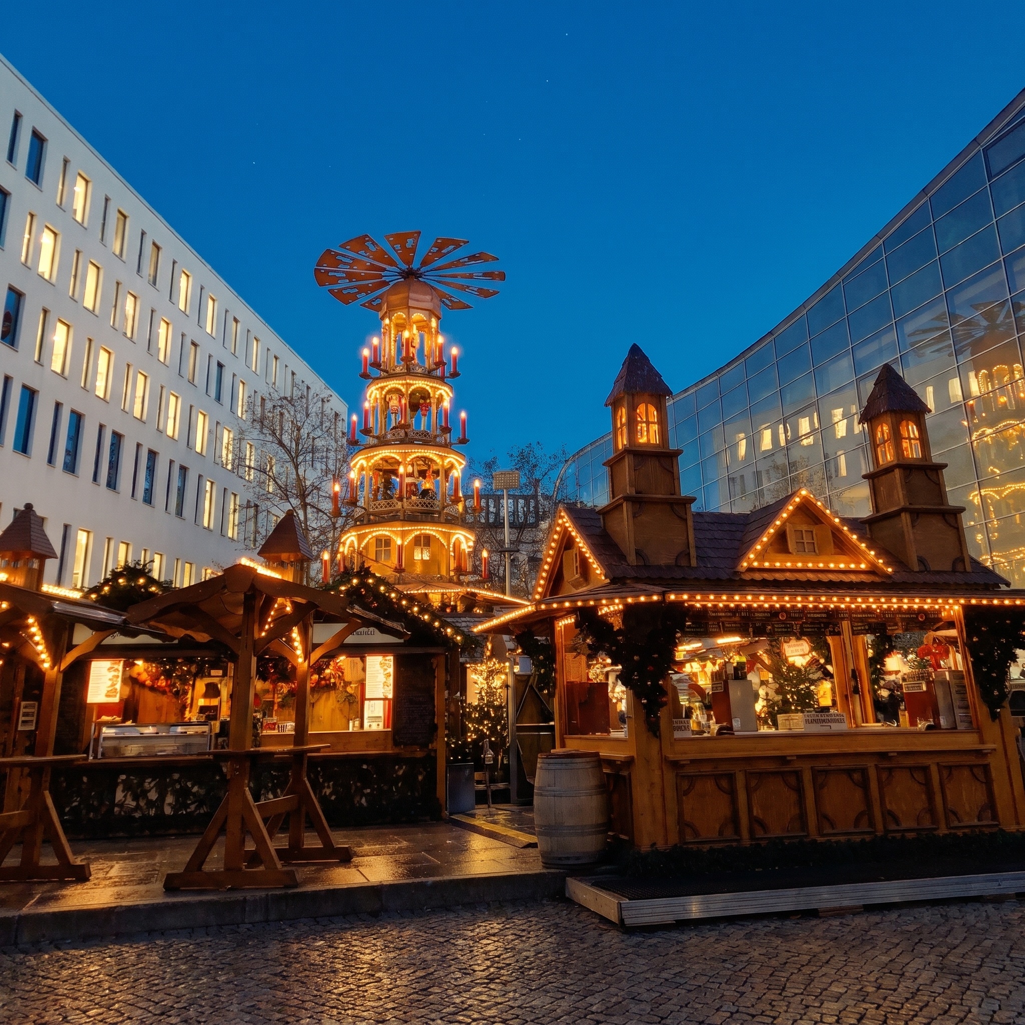 Chemnitz Christmas Market 2026: Pyramid & Bergparade 13 Stalls beneath the pyramid at the Chemnitz Christmas market in the evening