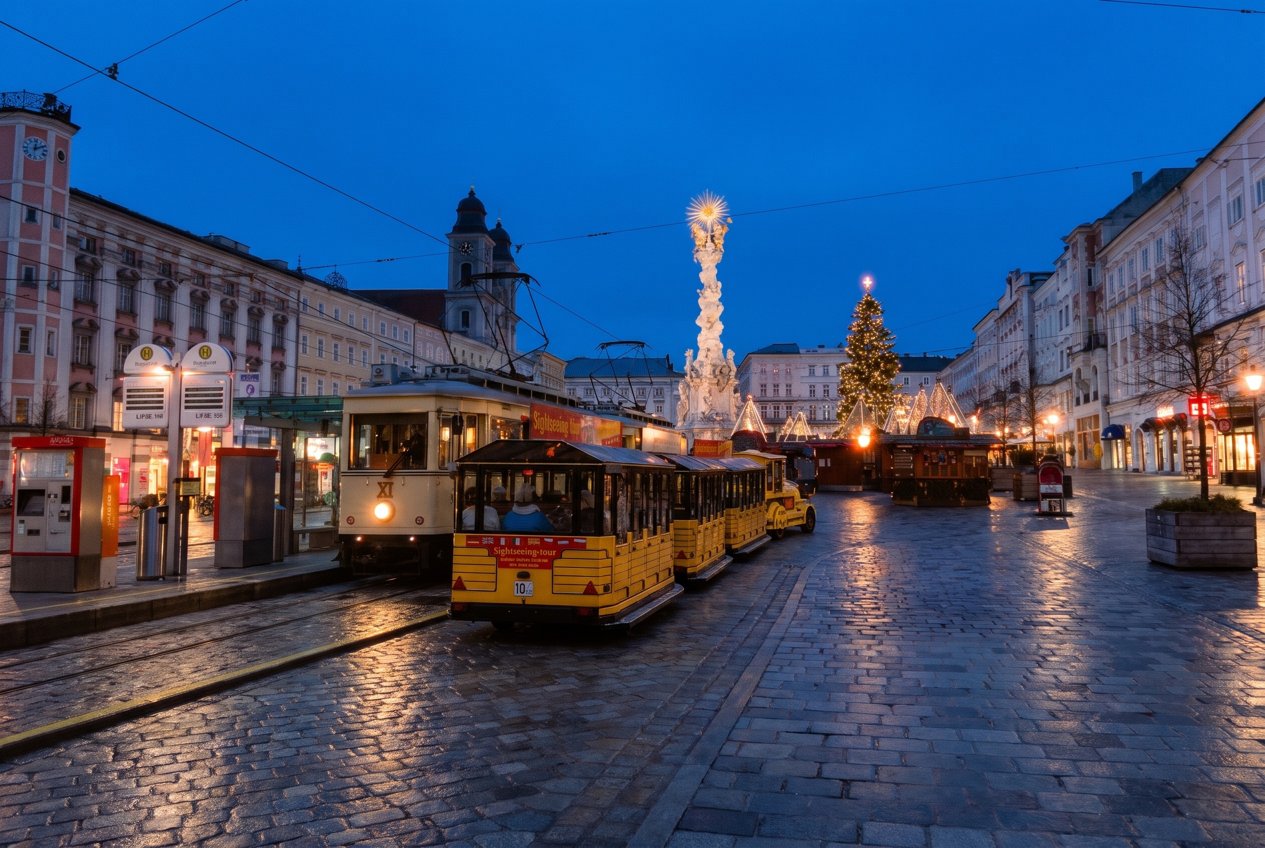 Weihnachtsmärkte Linz 2026: 5 Märkte, Bimmelbahn und Parken 13 Gelbe Weihnachtsbahn auf dem Hauptplatz in Linz