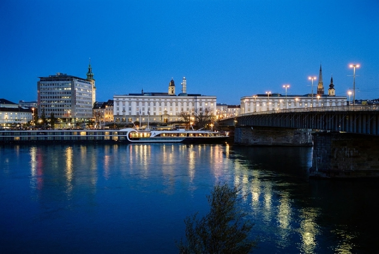 Weihnachtsmärkte Linz 2026: 5 Märkte, Bimmelbahn und Parken 19 Nibelungenbrücke über die Donau in Linz zur blauen Stunde