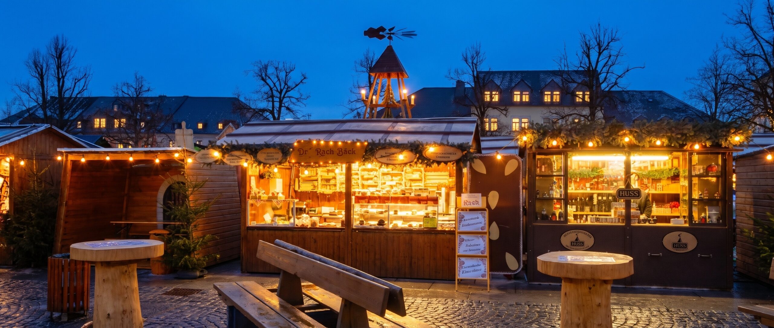 Mercados Navideños de Marienberg 2026: Bergparade y Consejos 1 Puestos del mercado navideño en la plaza de Marienberg al atardecer