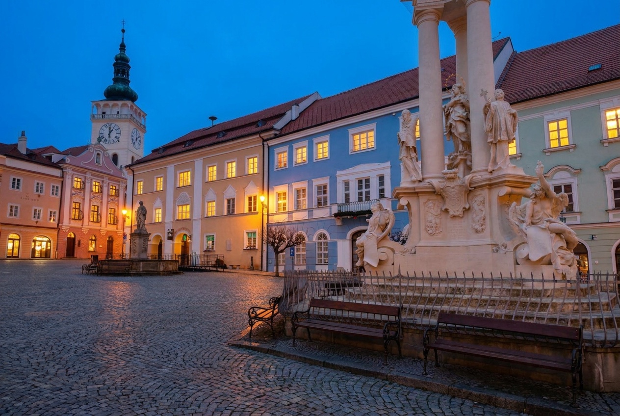 Weihnachtsmärkte in Mähren 2026: 13 schönste Orte 14 Platz in Mikulov an einem Adventsabend